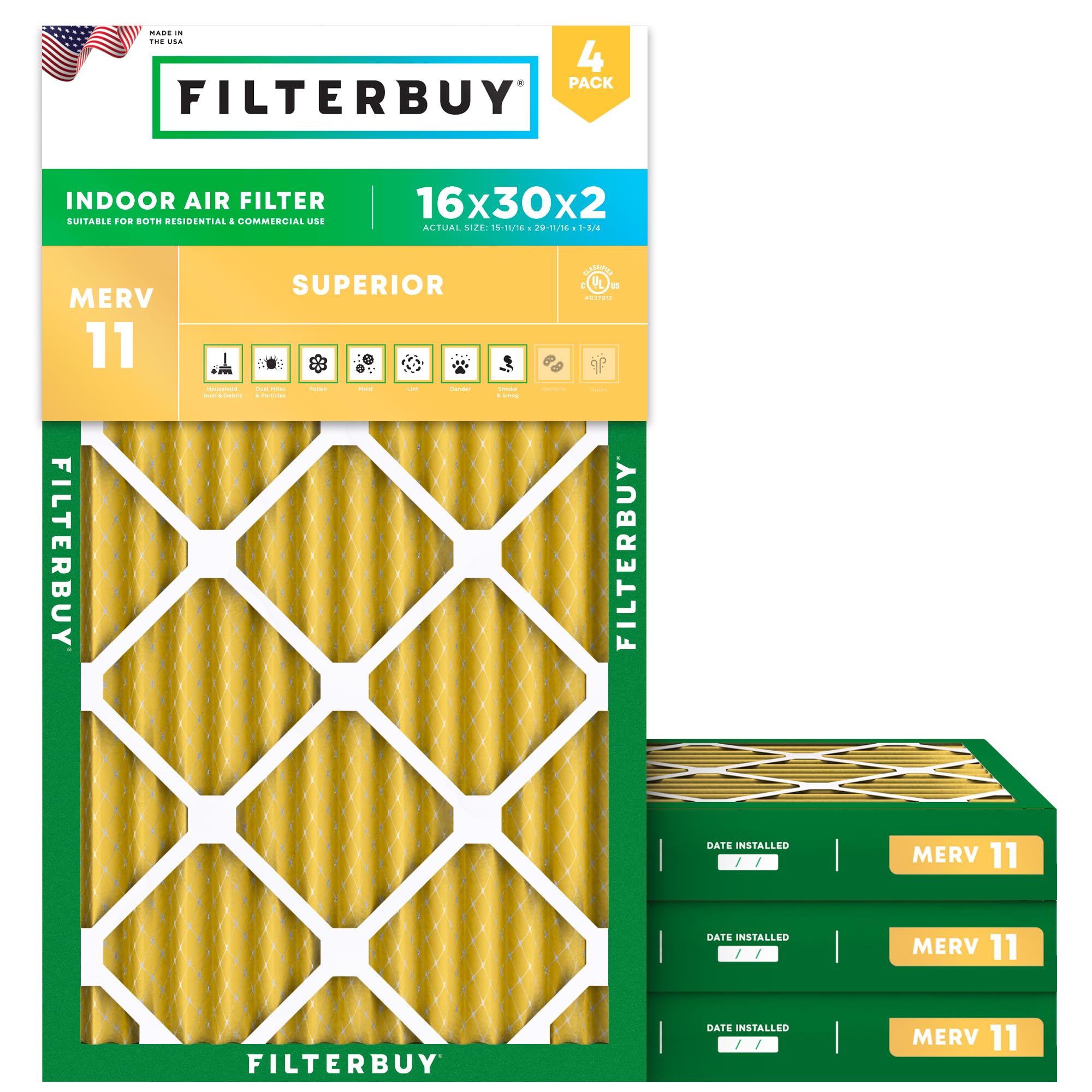 Filterbuy 16x30x2 Air Filter MERV 11 Superior Pet & Allergy Defense (4-Pack), Electrostatic Pleated HVAC AC Furnace Filters Replacement, Made in USA (Actual Size: 15.69 x 29.69 x 1.75)