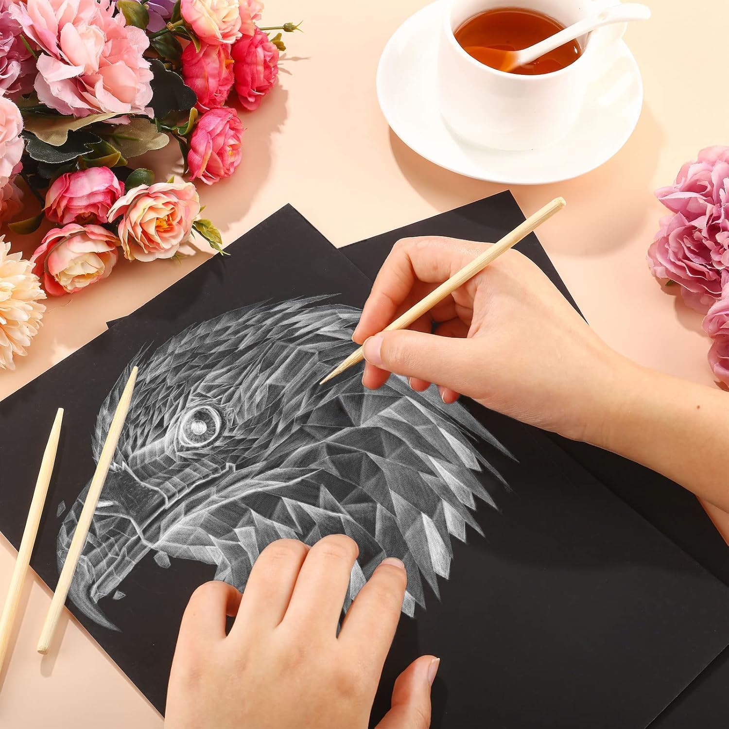Gersoniel 200 Pieces Scratch Paper Art Set Craft Kits Black Coated Scratchboard Black Scratch Off Paper with Wooden Stylus for Valentine Gifts Birthday Party Supplies