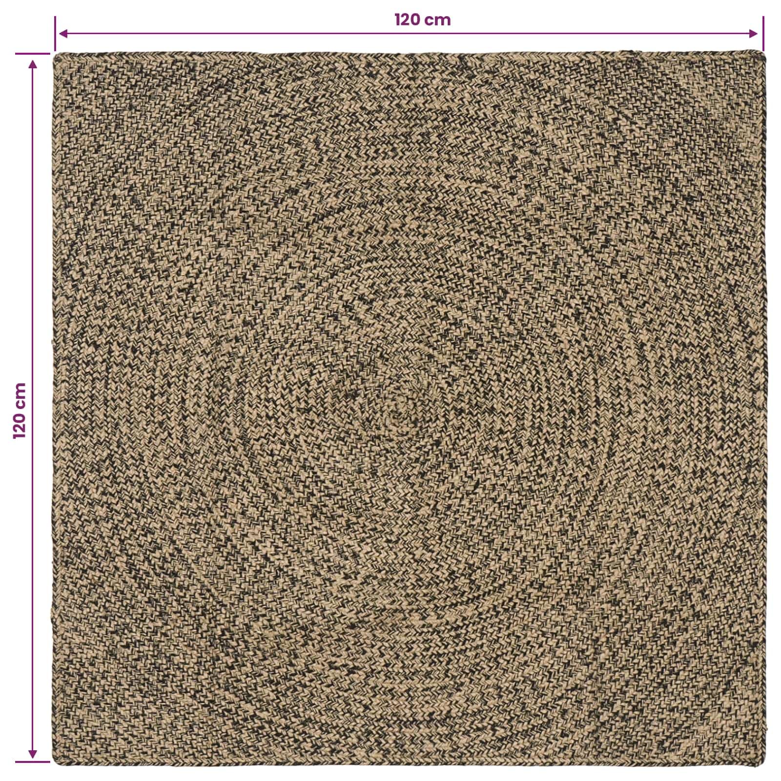 Tapis carré en jute 120 x 120 cm – Tapis naturel moderne en noir et naturel – Tapis à poils courts fait à la main pour salon et chambre à coucher – Aspect sisal durable