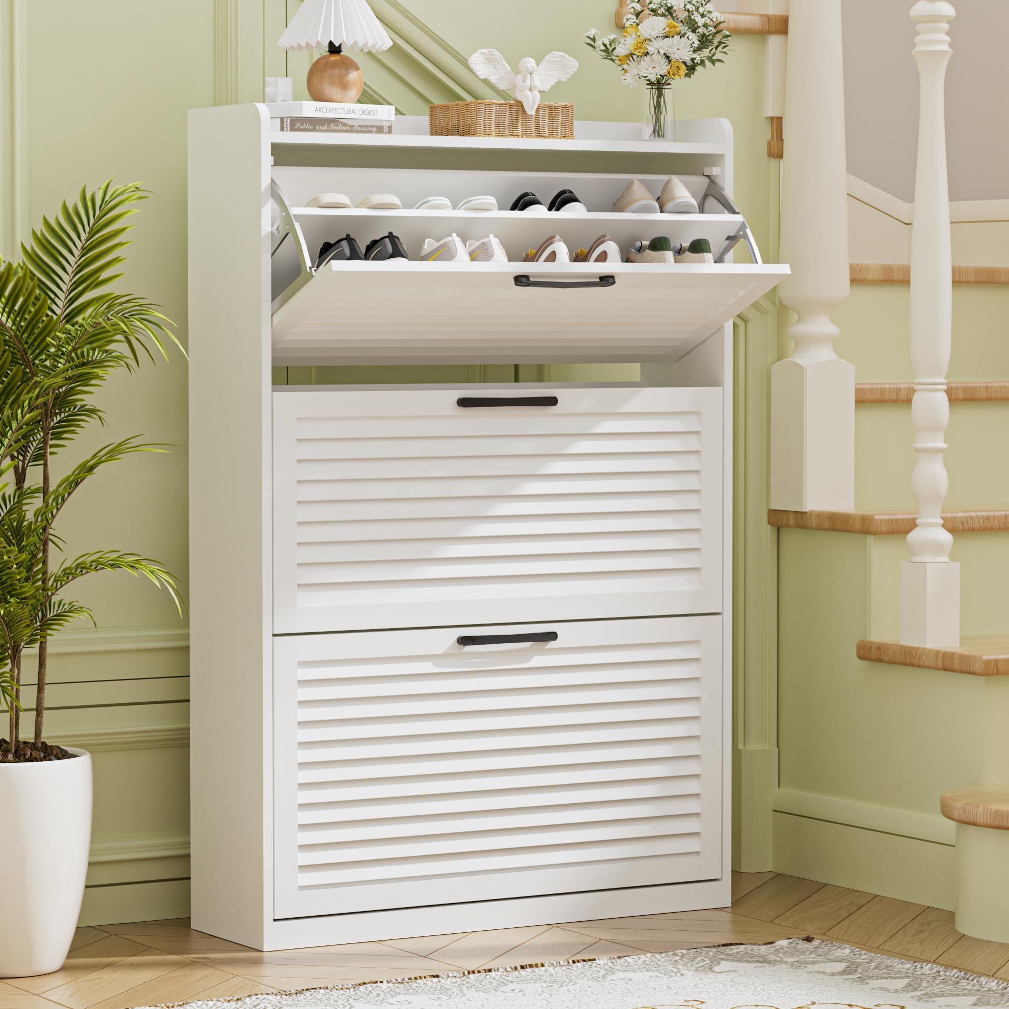 BonVache Shoe Storage Cabinet, Shoe Organizer Cabinet with 3 Flip Louvered Doors, Narrow Wooden Shoe Rack Cabinet with Adjustable Dividers For Hallway, Entreway, Living Room,White