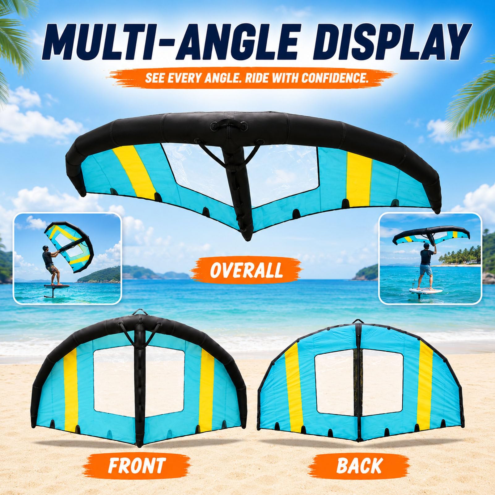 Aufblasbarer Surf-Windflügel mit ergonomischem Griff 4m² | 4/5/6 m² Flügelsegel mit zwei Luftkammern für Erwachsene, die Wingfoiling, Stand-Up-Paddling und Hydrofoiling betreiben