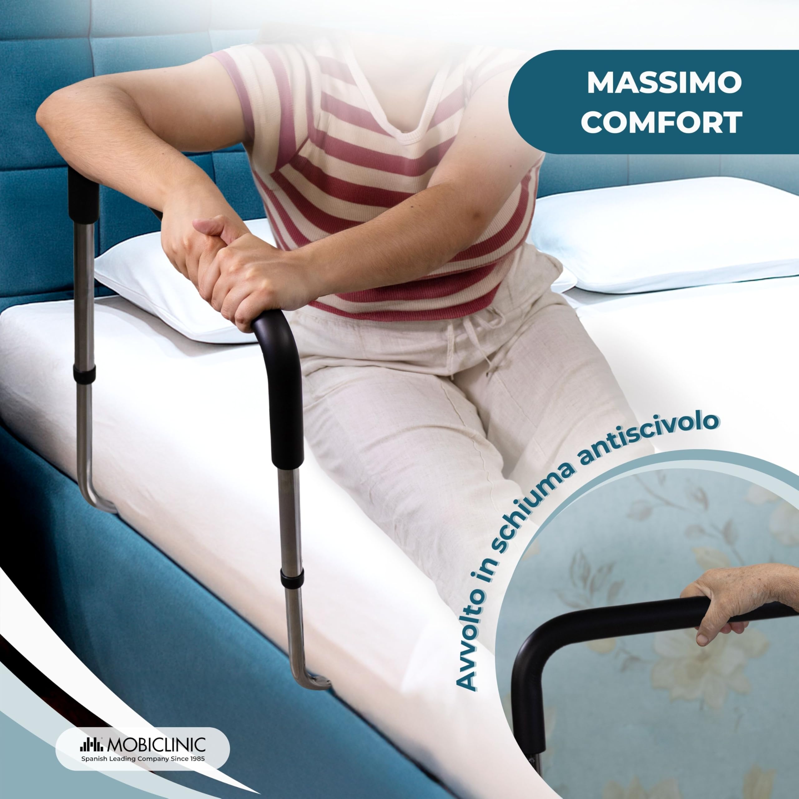 Mobiclinic®, Sponda Letto Adulti, Altezza Regolabile, Sistema di Sicurezza Extra per la Rete, Maniglia Imbottita, Montaggio Facile, Fino a 130 kg, Aiuto per Mobilità Ridotta, Acciaio, Diana