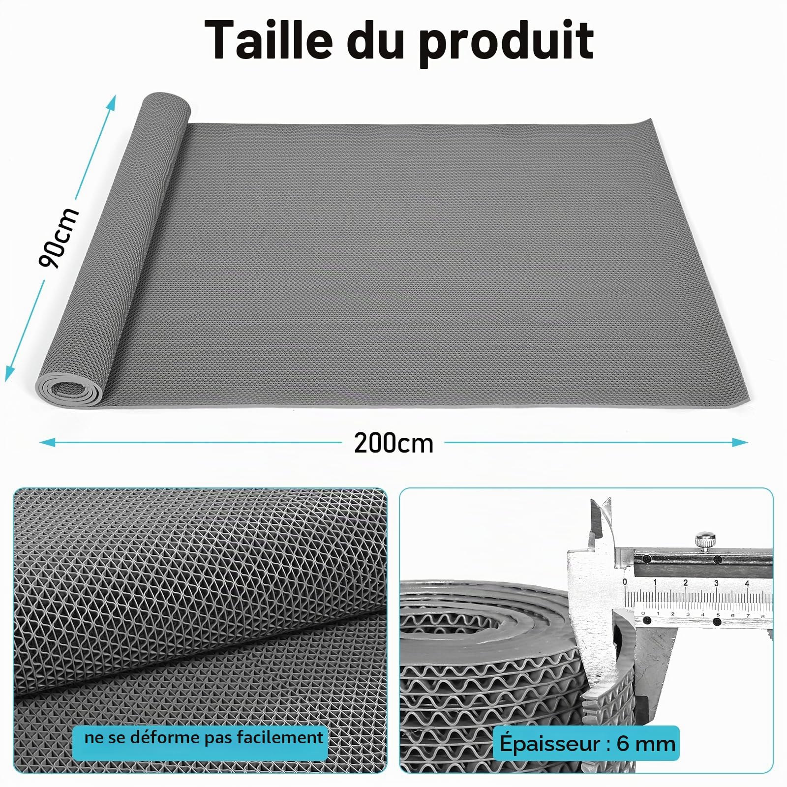 Tapis de sol de drainage en maille PVC - 90 x 200 cm - Antidérapant - Pour salle de bain et douche - Épaisseur : 6 mm - Densité accrue - Gris - Pour zone humide, piscine, buanderie