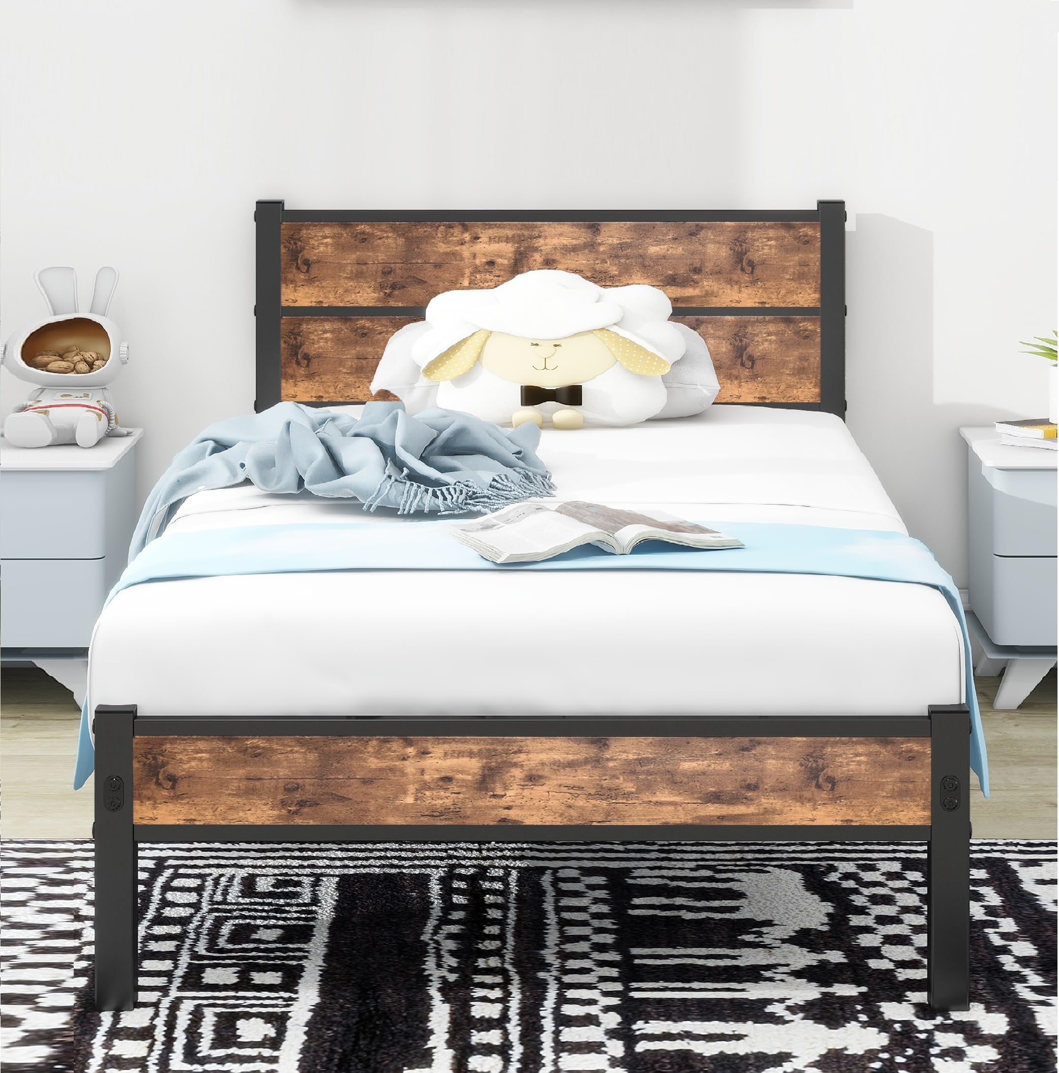 DUMEE Twin Bed Frame with Headboard, Metal Platform Single Bed