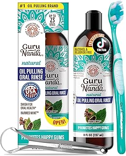 GuruNanda CocoMint Oil Pulling Mouthwash for Complete Oral Hygiene, 7 Essential Oils & Vitamins for Happy Teeth & Gums & Fresh Breath , Alcohol-Free, 8 oz