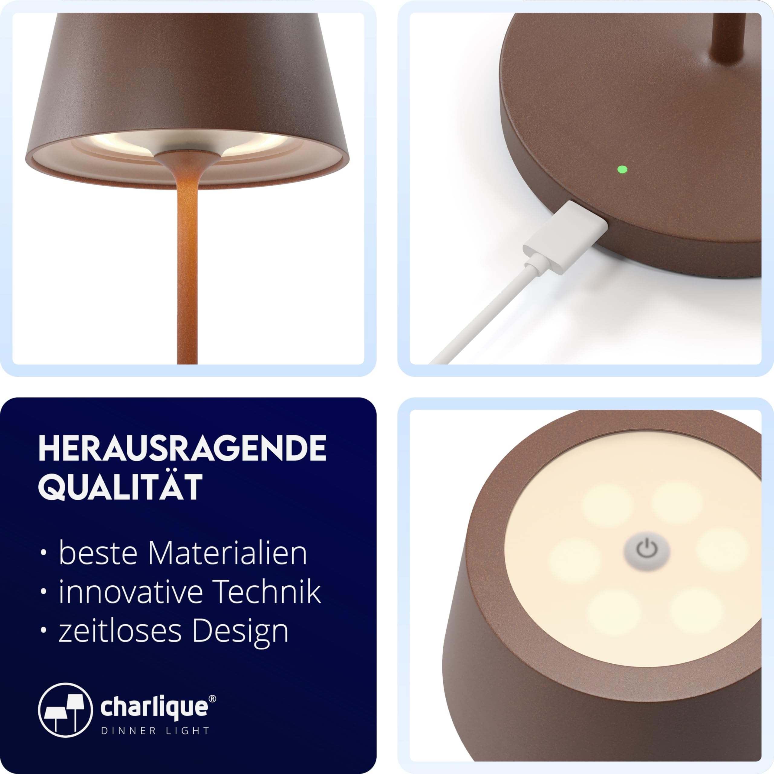 LED Akku Tischlampe - kabellos, braun 34 cm, dimmbar, Aluminium