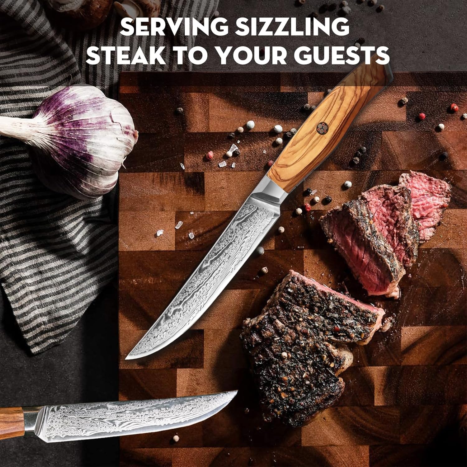 Steak Knives Set of 6 Damascus Premium Non Serrated Steak Knife Set with Natural Olive Wood Handle, 67-Layer Japanese Steel Straight Edge Blades – High End Steak Knives for Fine Dining & Gift