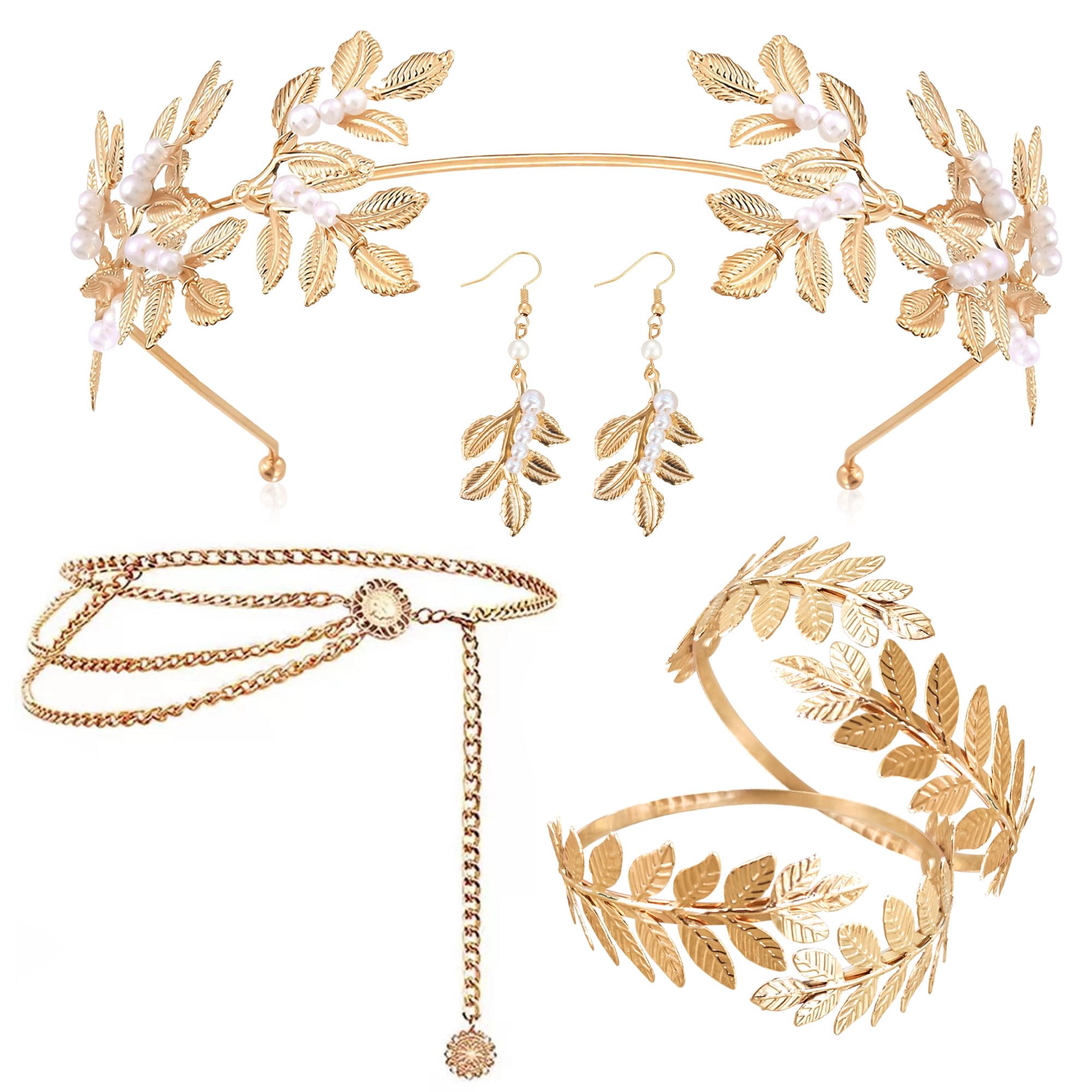 Greek Goddess Costume Accessories Women Grecian Costume Leaf Crown Headband Earrings Belt for Cosplay Party Supplies (gold)