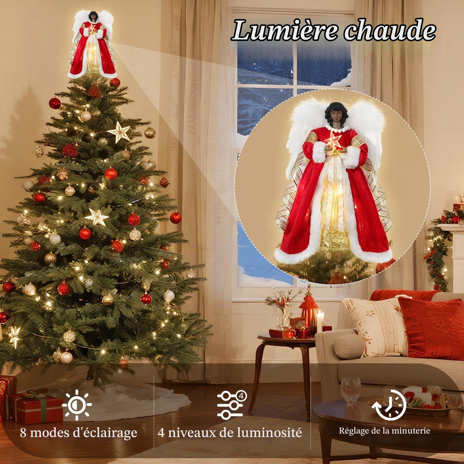 Lewondr Ange Noir de la Cime du Sapin de Noël, 12" Cimier d'Arbre de Noël Ange avec 8 Modes de Lumière, Figurine d'Ange avec Aile, Décoration de l'Arbre de Noël avec Minuterie 6H pour la Maison, Rouge