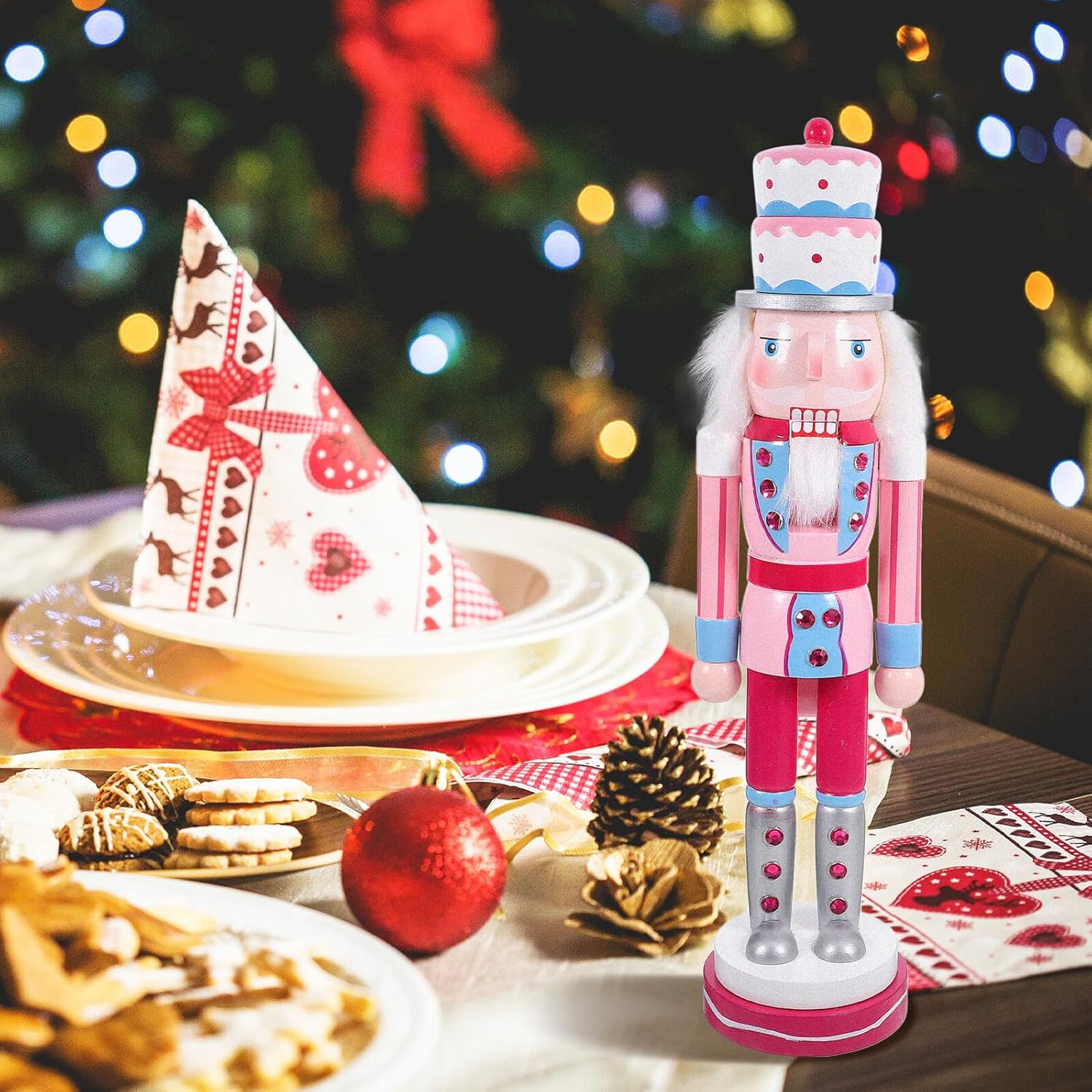 Macaron Color 38cm Cake-Head Wooden Nutcracker Figurine Christmas Nutcracker Decor for Desktop Seasonal Holiday Decoration