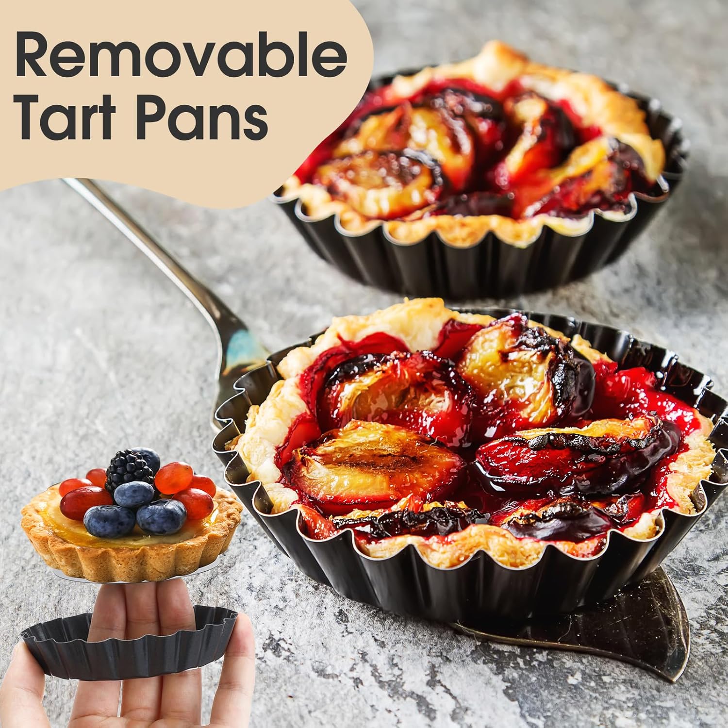 8 Pcs Non Stick Tart Pan with Removable Bottom 4'' 9.5" 10" 11" 12.6" Quiche Baking Dish Round Carbon Steel Mini Pie Pans Fluted Edges for Mousse Cakes Dessert Baking Tool Christmas Party