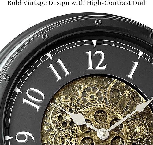 Miniatura 4 de Reloj de pared con engranajes móviles, reloj steampunk industrial vintage de 16 pulgadas, silencioso sin tictac, marco retro, analógico, funciona