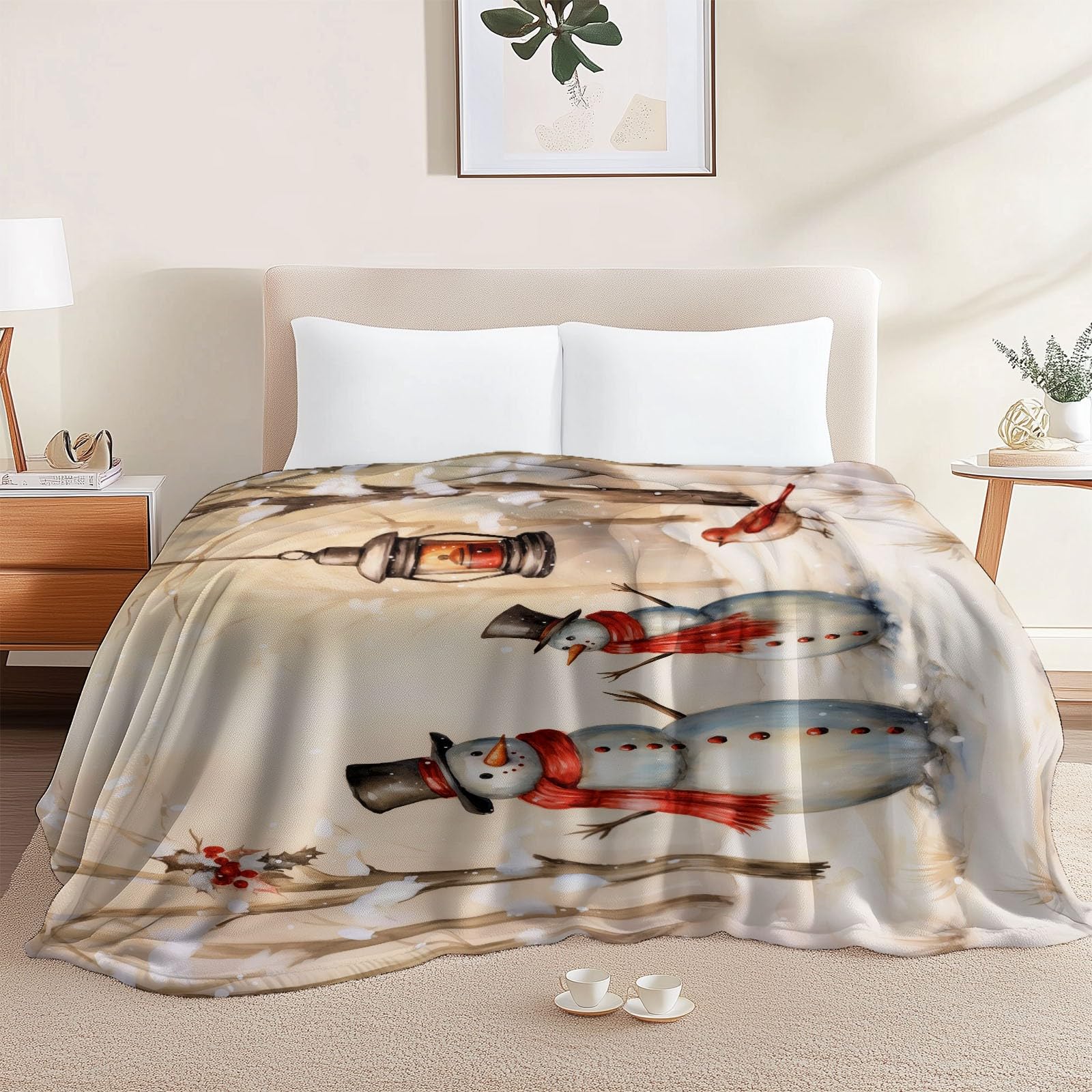 Miękki przytulny koc sherpa 180 x 220 cm, zimowy, leśny, bałwanek, lekki, puszysty koc dla dzieci dorosłych nastolatków, beżowy koc polarowy na sofę łóżko i kanapę
