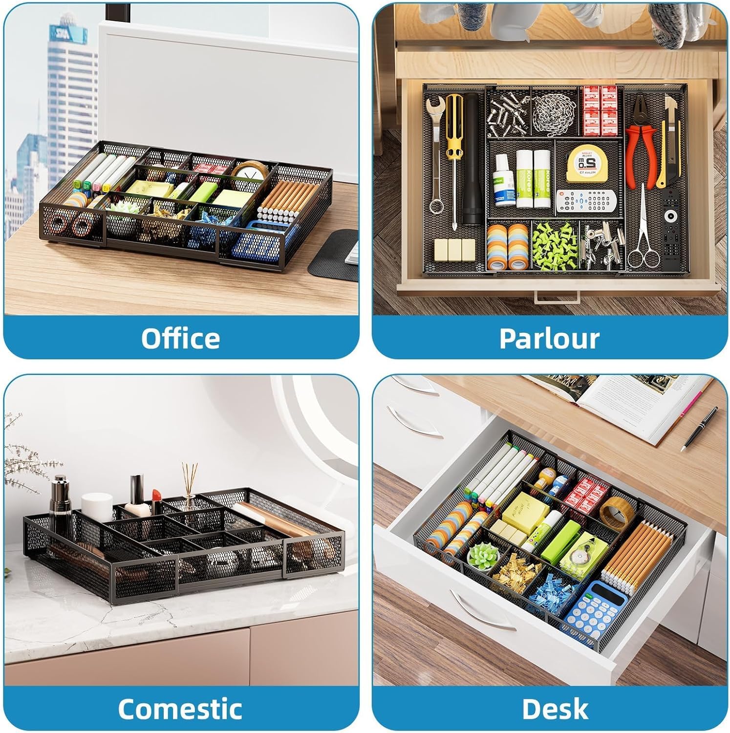 Marbrasse Desk Organiser Drawers,Mesh Tray with 10 Adjustable Compartments,Desk Accessories & Storage,5 Dividers Drawer for Office Supplies,Makeup Houseware(Black) 5 814siGJiX8L. AC SL1500