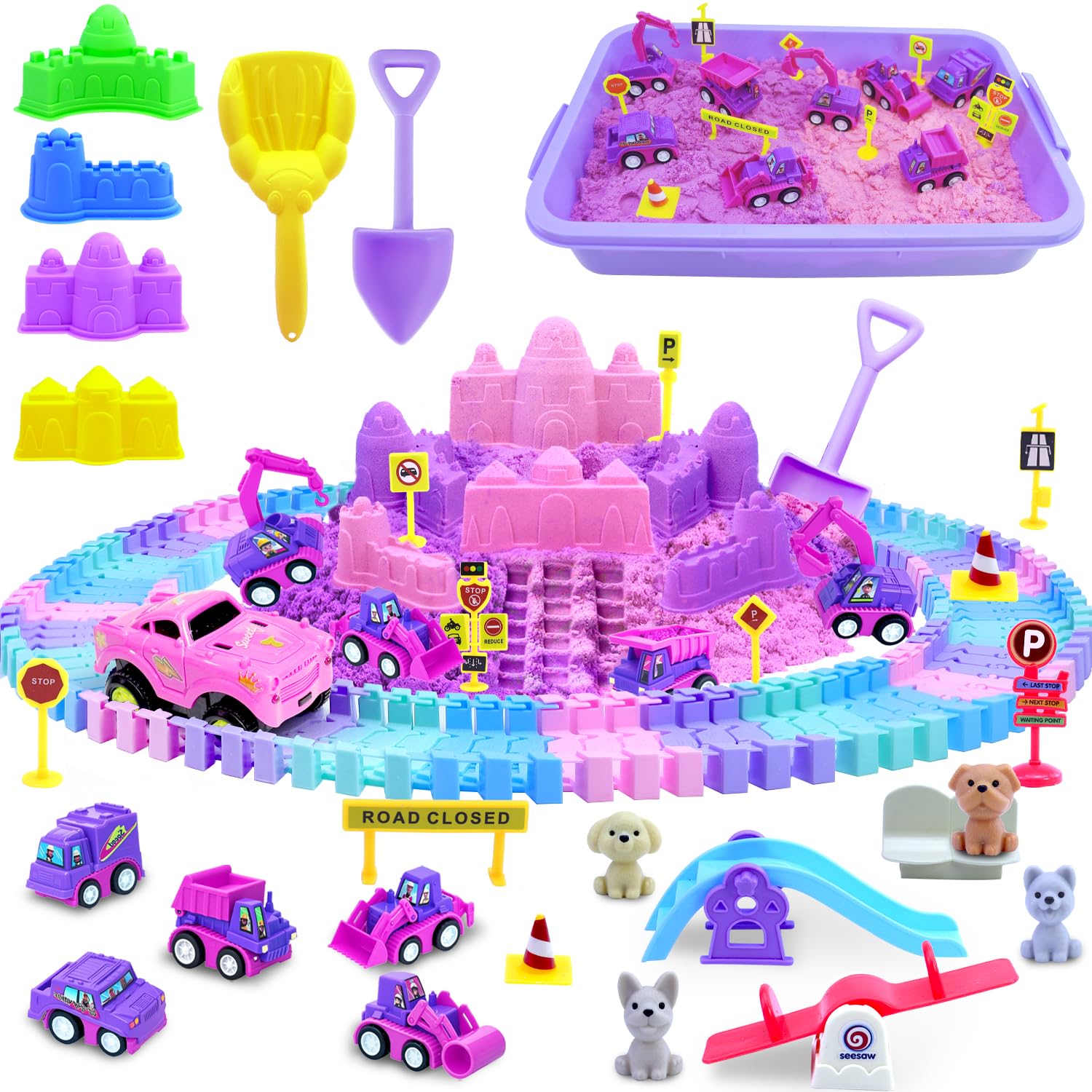 132 pcs Construction Sand Kit|w/ 2.2lbs Magic Sand|96pcs Flexible track|1 Racing car|Sandbox|8 Construction Car|Multiple sand model&puppy accessories Sensory Bin Toys for Toddlers Boys Girls Ages 3-8