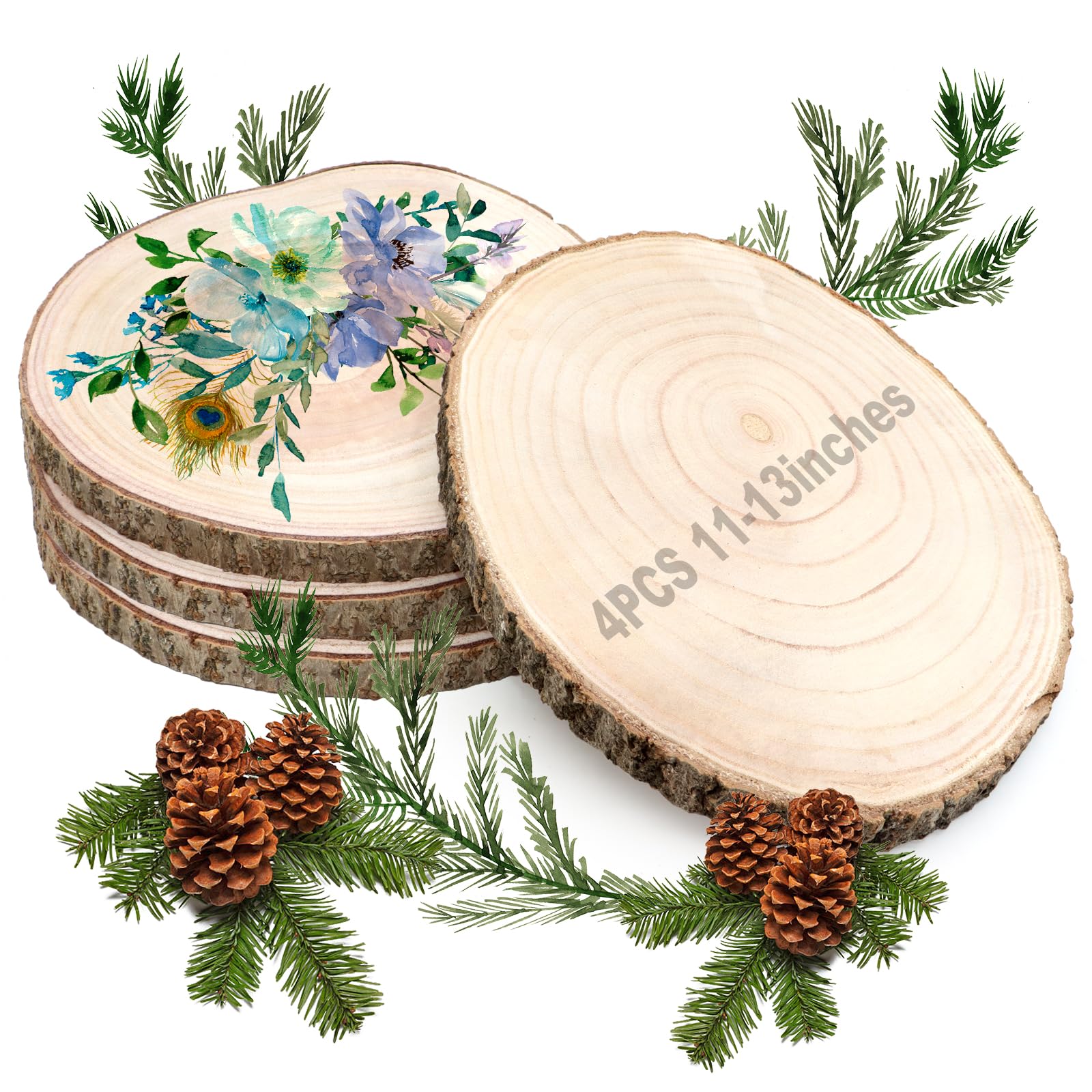 ZOCONE 4 Pcs Large Wood Slices 11-13 Inches Unfinished Rounds, Natural Paulownia Wooden Slices for Centerpieces, Round Wooden Discs Decoration with Bark, Wood Circles for Centerpieces for Painting