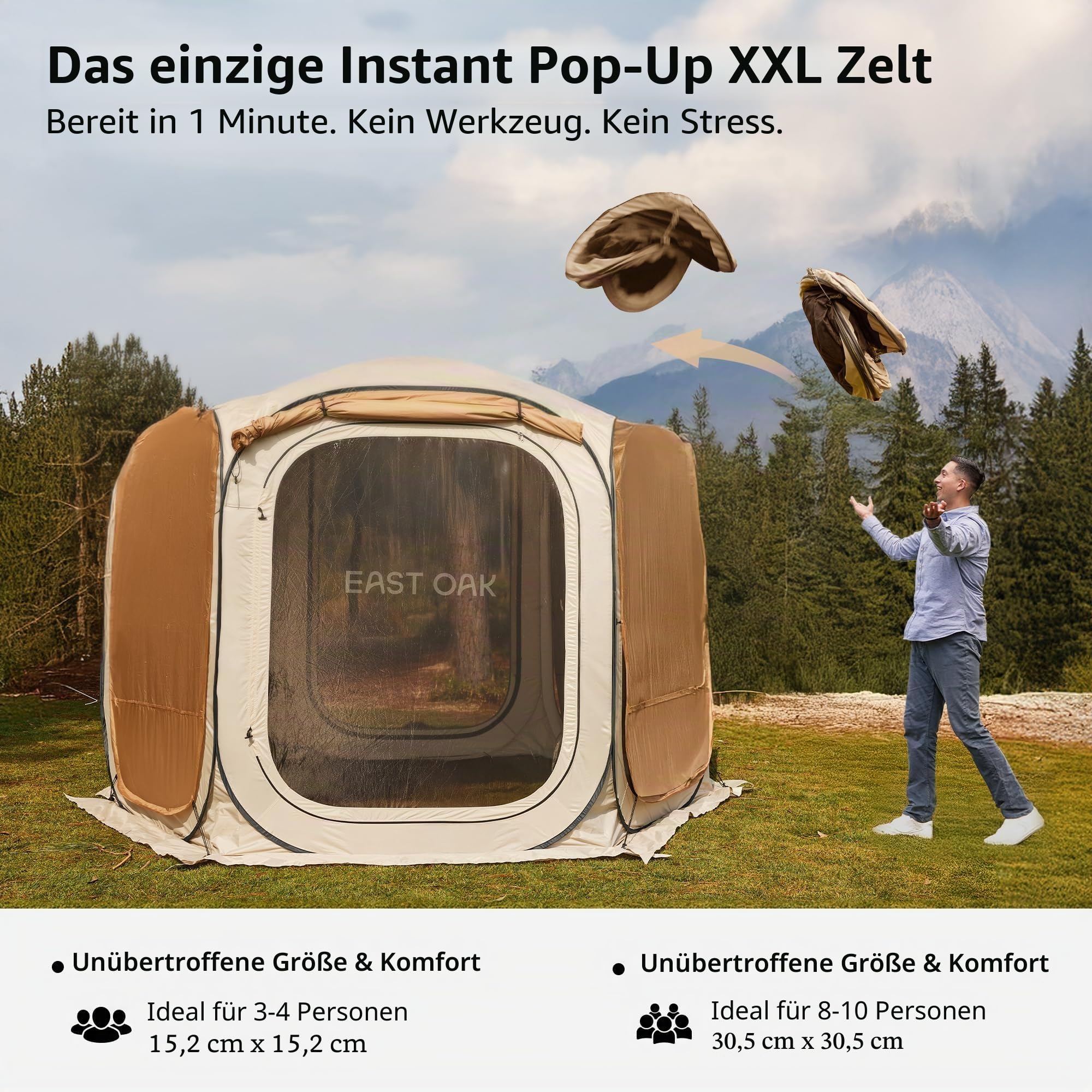 East Oak Pop-Up-Zelt mit Netz, 3,6 x 3,6 m, Outdoor-Sichtschutzhaus mit 4 Sonnenschirmen, sofortiger Überdachung mit tragbarer Tragetasche, Pavillon-Zelt für Camping, Terrasse und Strand, Beige