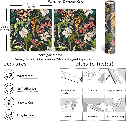 Miniatura 9 de VEELIKE Papel tapiz floral tropical oscuro, hojas negras, papel tapiz para despegar y pegar, 17.7 x 354 pulgadas, papel de contacto floral vintage,