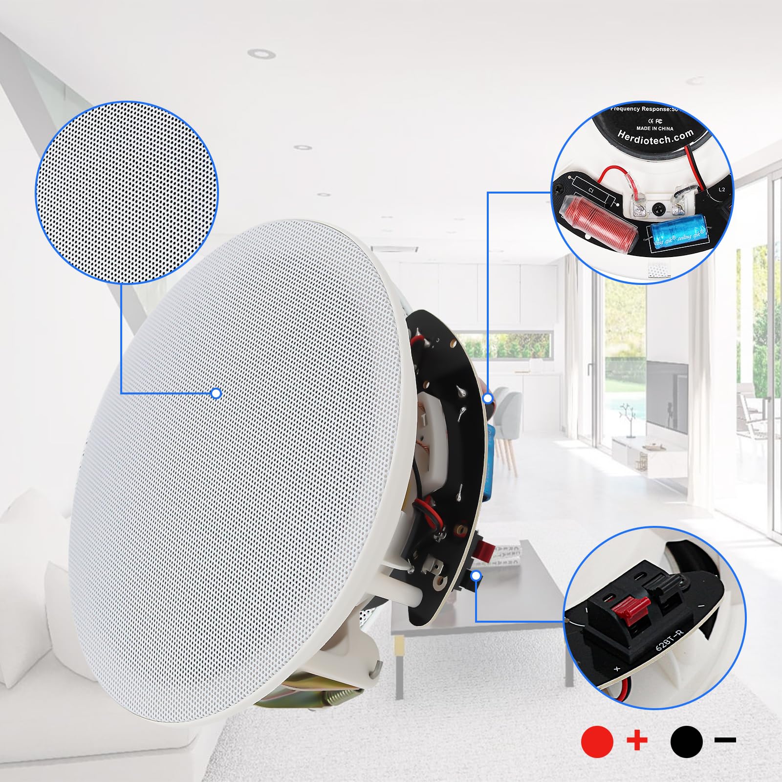 Herdio 6.5 Pouces 300Watts Enceinte encastrable Plafond, Encastré 2 Voies dans Le Plafond des Enceintes murales pour la Cuisine, Salle de séjour, Porche Couvert(300 Watts)