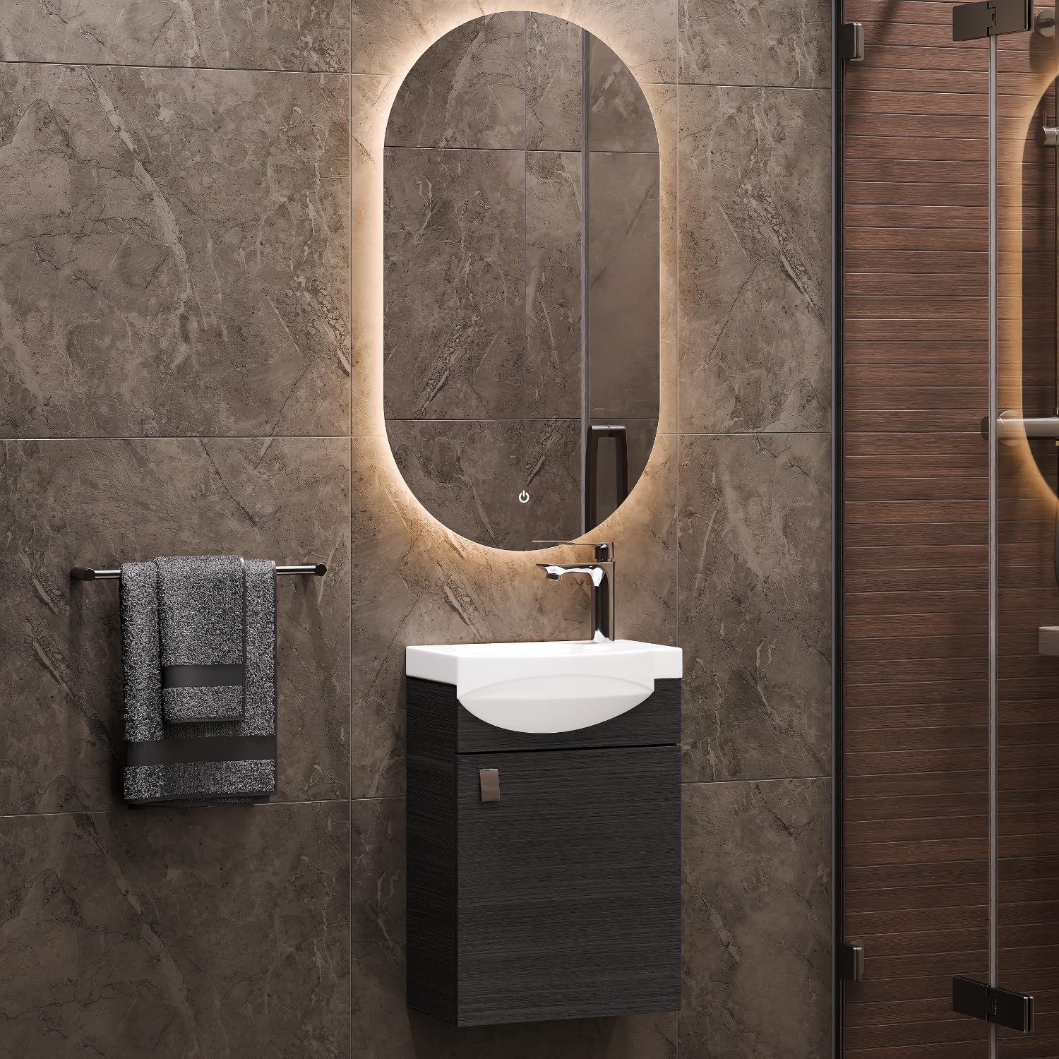 Planetmöbel Badmöbel Set Waschtisch mit Unterschrank 40 x 60 x 29 cm, Spiegel mit Beleuchtung 50 x 90 cm für Badezimmer, Gäste WC & Bad, Anthrazit