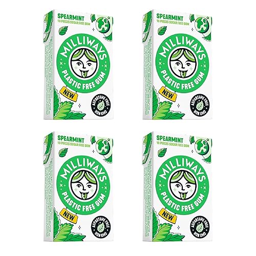 Milliways Spearmint - Goma de mascar súper natural, sin plástico, xilitol, sin aspartamo, sin azúcar, a base de plantas, 4 paquetes de 10 unidades