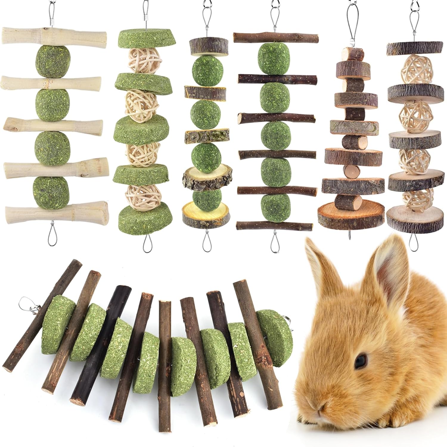 ERKOON Bunny Chew Toys, Rabbit Chew Toys for Teeth Grinding, Improve Dental Health, 100% Natural Apple Wood Timothy Grass Cake Treats for Rabbits Guinea Pigs Chinchillas Bunnies Hamsters (7 Pcs) ERKOON Bunny Chew Toys, Rabbit Chew Toys for Teeth Grinding, Improve Dental Health, 100% Natural Apple Wood Timothy Grass Cake Treats for Rabbits Guinea Pigs Chinchillas Bunnies Hamsters (7 Pcs)