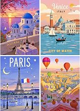 SHEGZHUC Pack of 4 Diamond Painting Paintings for Adults, City Poster, 30 x 40 cm, Diamond Painting Images of Santorini Paris Venice Turkey, Mosaic Embroidery Cross Stitch Art Gift