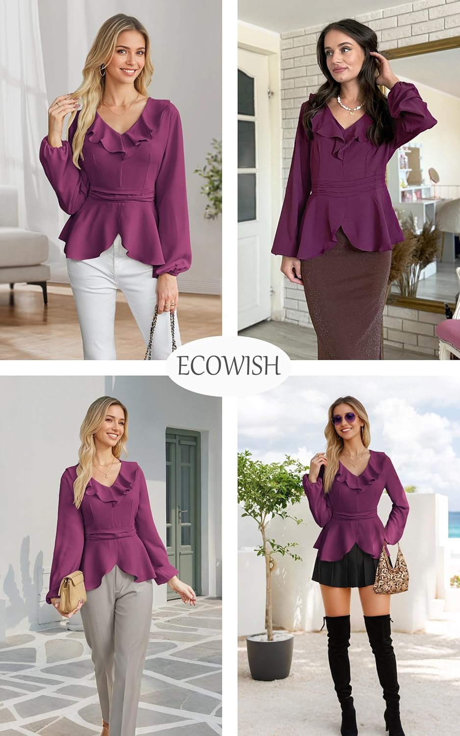 ECOWISH Women Dressy Ruffle Blouse: 2025 Long Sleeve Peplum Work Shirts Elegant V Neck Smocked Waist Business Casual Tops - Image 6