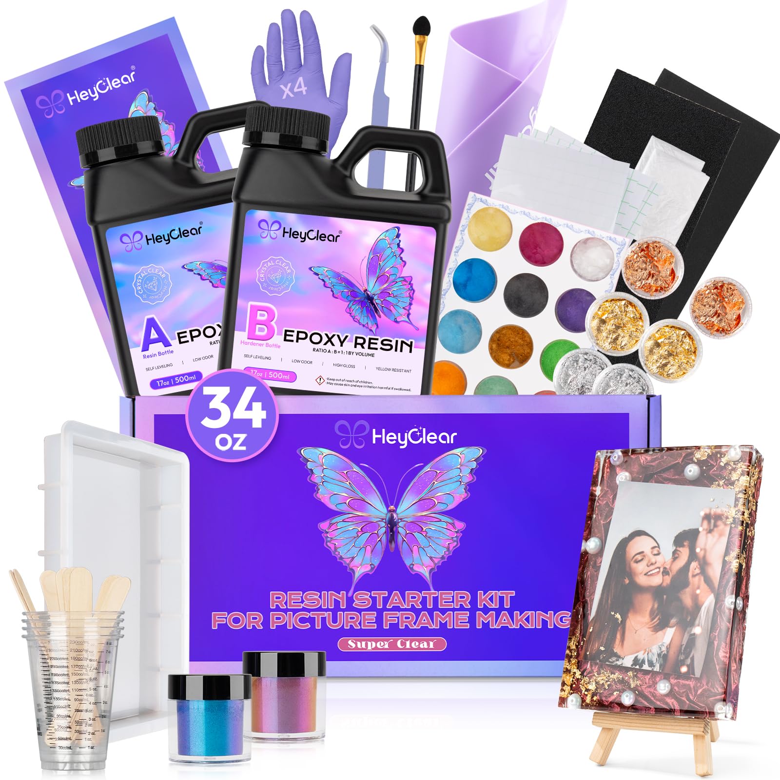 HeyClear 1L Epoxidharz Gießset mit Silikon Fotorahmen Form, Epoxy Resin Transparente Komplett Bastelzubehör für Harz Gießkunst, DIY Foto Geschenke für Anfänger