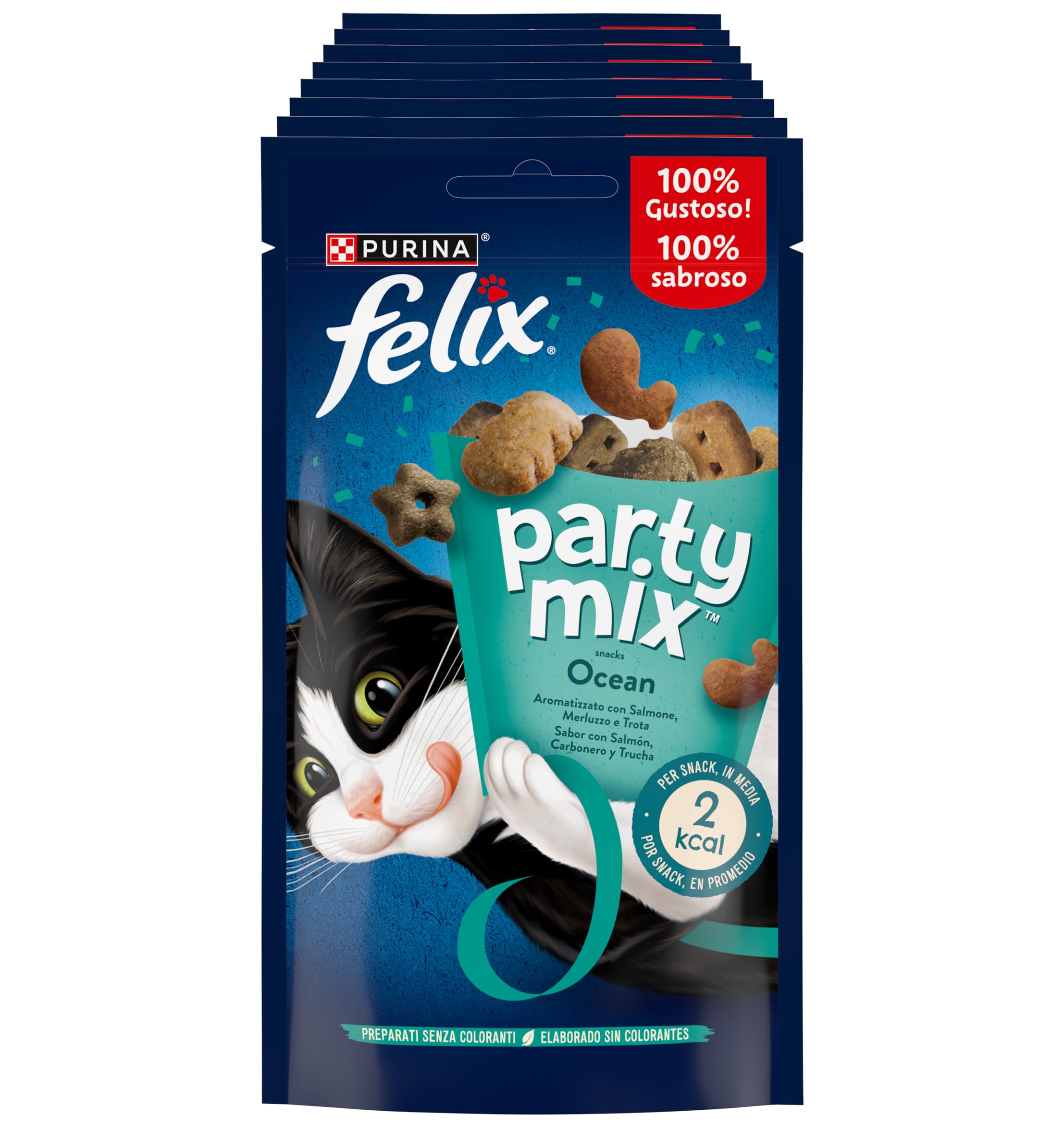Purina Felix Party Mix Snack Gatto Ocean Mix al Gusto di Salmone, Merluzzo e Trota - 8 confezioni da 60 g Ciascuna