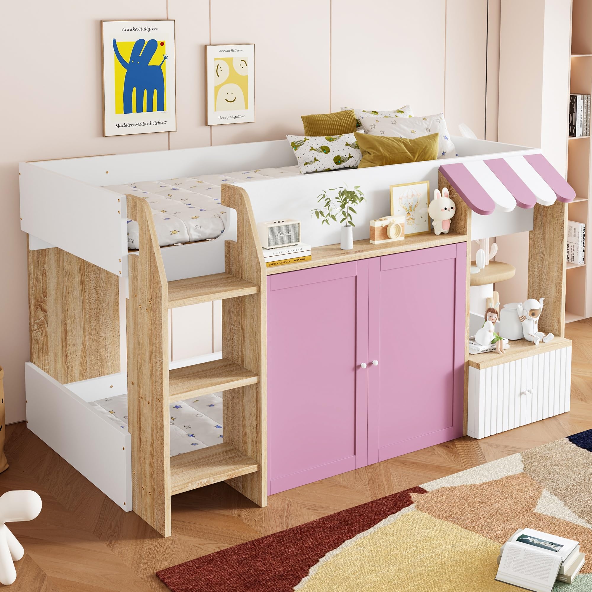 Litera de madera maciza 90 x 200 cm en rosa y blanco alta resistencia