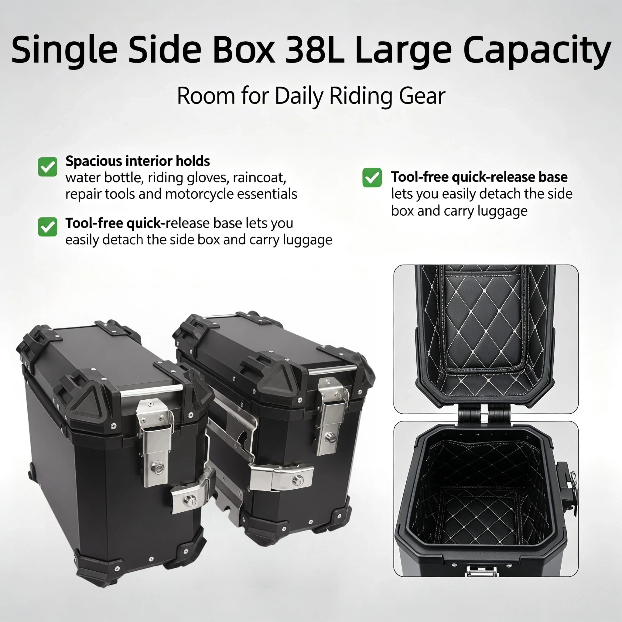 Genérico Caja De Herramientas Lateral Universal para Motocicleta Maletas Laterales Impermeables De Aluminio para Motocicleta 38L Negro
