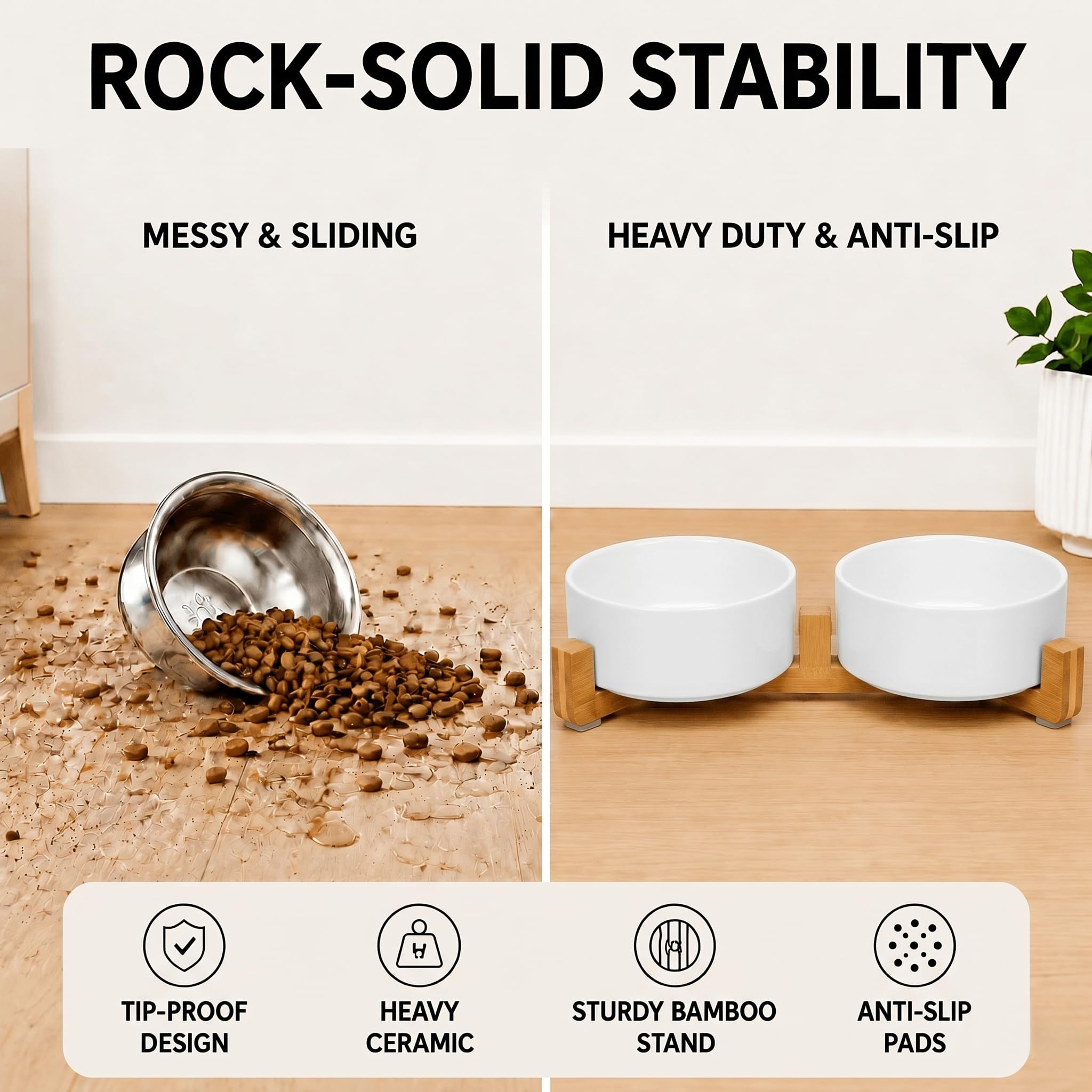 SPUNKYJUNKY Keramik-Napf-Set für Hunde und Katzen, mit Holzständer, modernes, niedliches gewichtetes Futternapf-Set für mittelgroße bis große Hunde (1,2 l, 2 × weiß)