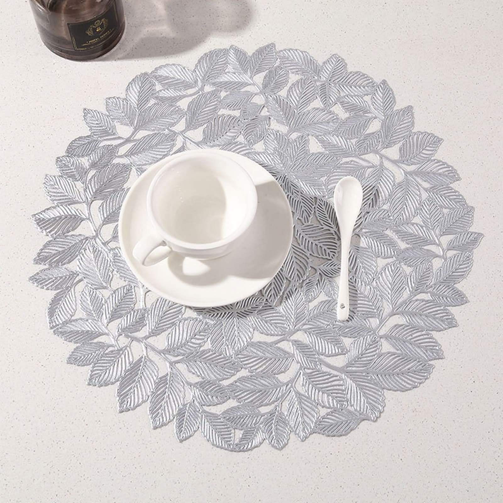 Tischset Herbst PVC, Platzset 6er Set 38cm Muster Aus Hohlen Ulmenblättern Silber für Küche Restaurant Speisetisch