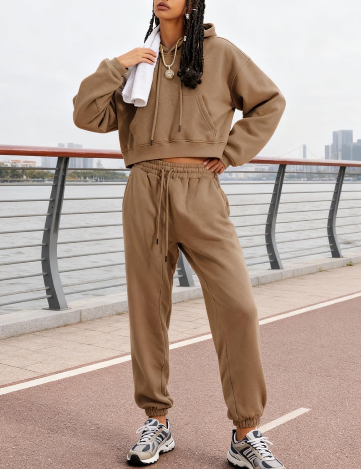 Womens Fleece 2 Piece Outfits Sweatsuit Crop Hooded Pullover Sweatshirt Top Jogger Sweatpants Tracksuits Set - Image 5