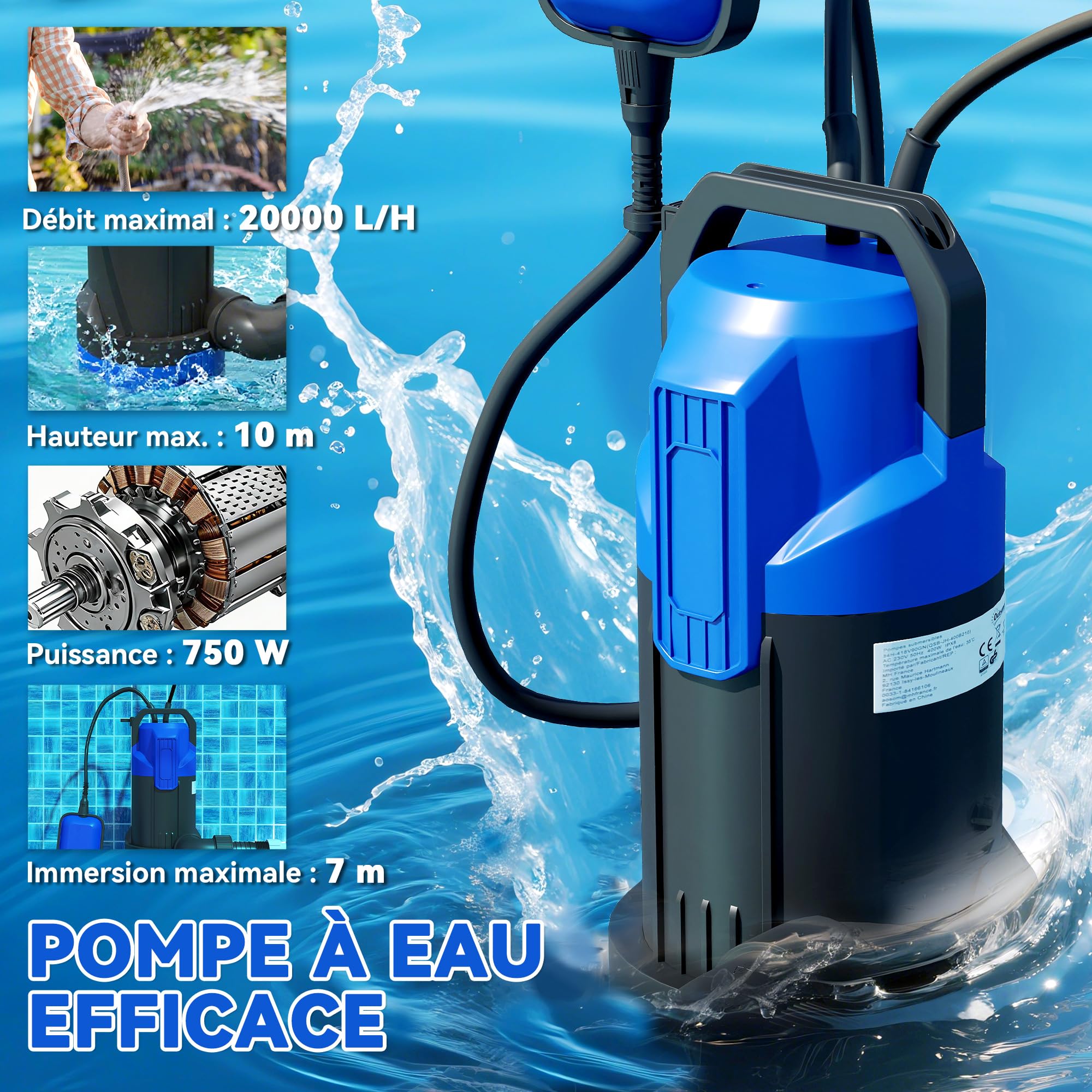 Outsunny Pompe d'évacuation eaux chargées/propres 20000L/H 750W, profondeur max. 7m, Pompe de relevage eaux chargées avec interrupteur à flotteur, pour eaux sales avec particules jusqu'à 35 mm, noir