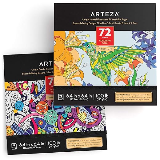 Arteza Doodle and Animal Coloring Books for Adults, Set of 2, 6.4 x 6.4 Inches, Black Outlines, 144 Detachable Coloring Pages for Relieving Stress and Anxiety for Adults and Teens