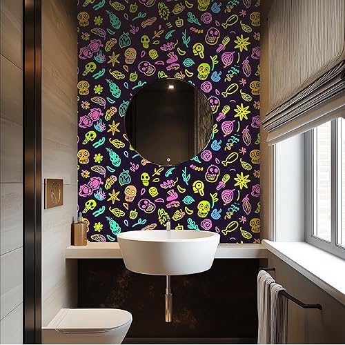 Miniatura 5 de Papel tapiz de calavera de neón para despegar y pegar, arte callejero de graffiti, mural de pared reactivo a la luz negra, adhesivo de pared para