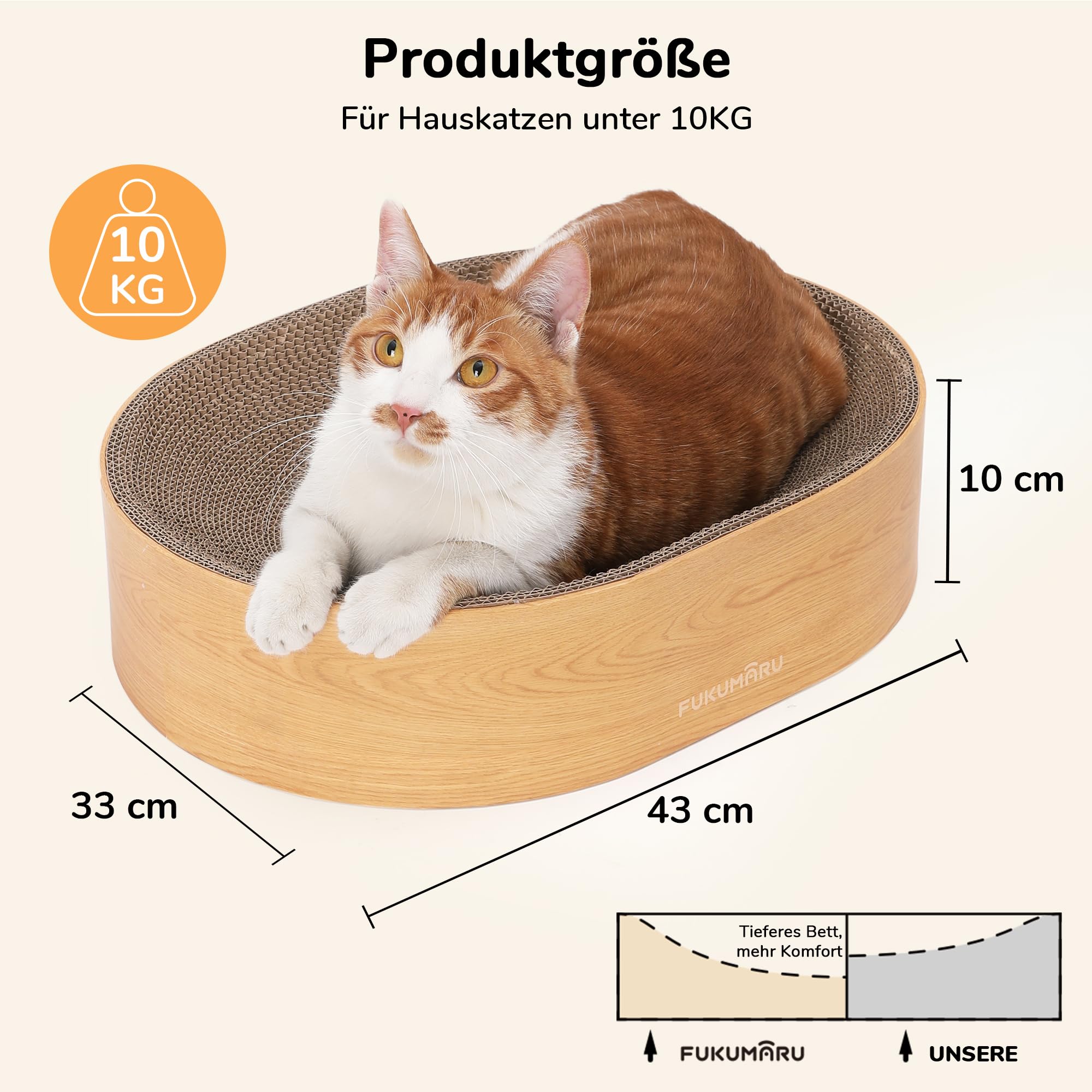 FUKUMARU Kratzbrett Katzen, ovales Kratzbrett für Katzen, Katzenkratzbrett aus hochwertigem Karton, widerstandsfähig Kratzmöbel, Schützt Ihre Möbel ，Kratzen & Ausruhen，Holzfarbe