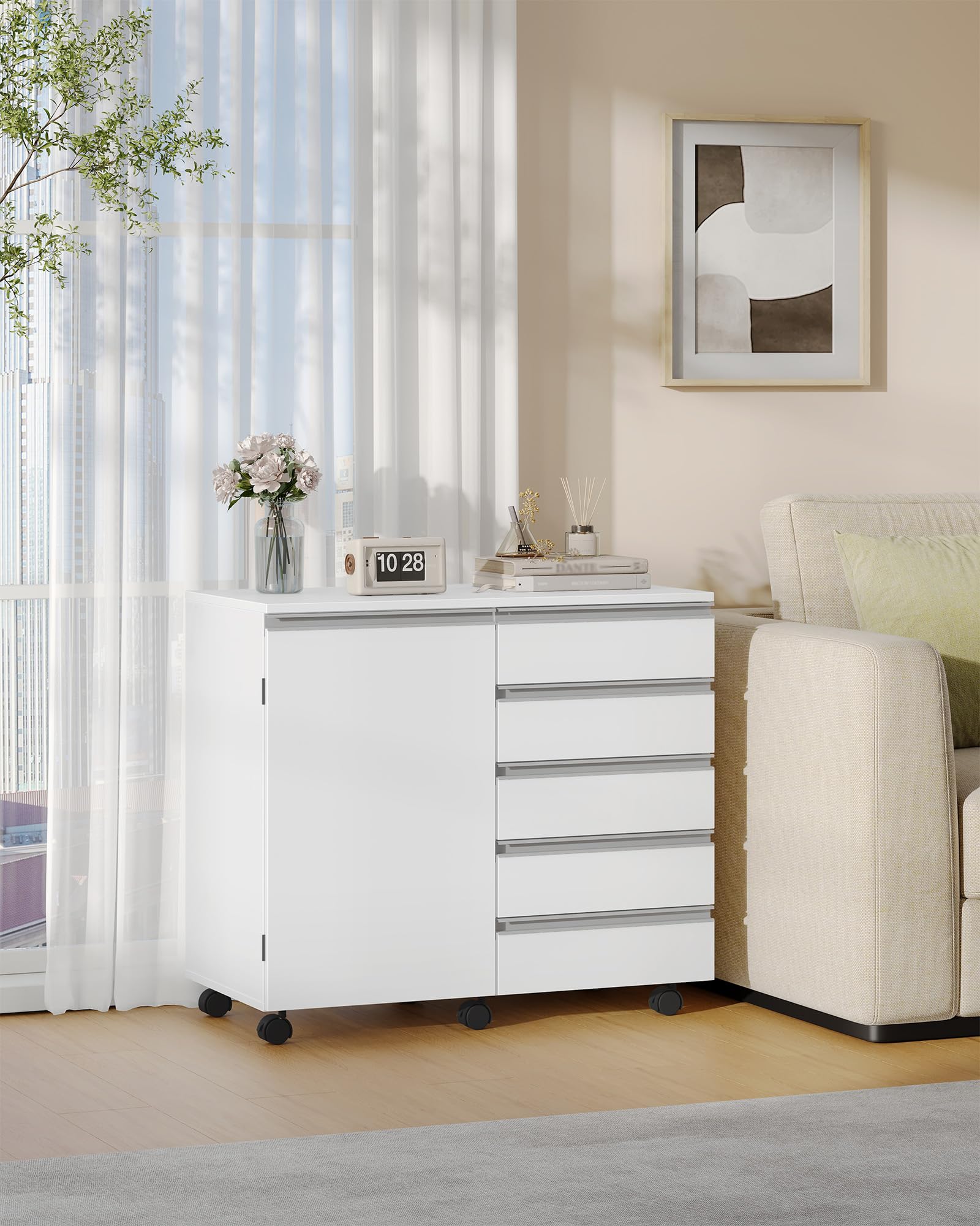 Hzuaneri Cajonera Escritorio con 5 cajones y Puerta de Armario, archivador móvil con Ruedas, Espacio de Almacenamiento para Oficina y Home Office, 40 x 80 x 70 cm, Blanco FC52503X