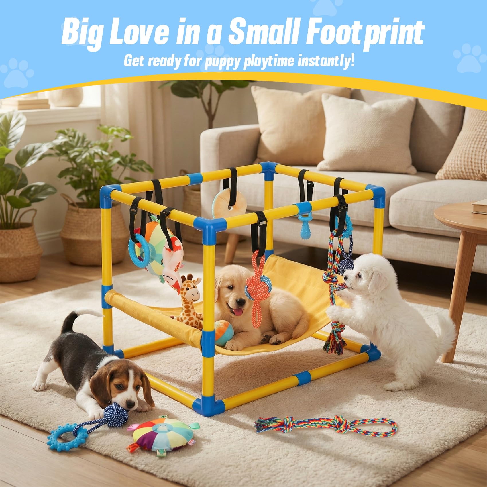 Gymnase de Jeu pour Chiot avec 8 Jouets Suspendus, Salle de Sport d'intérieur avec hamac et Jouets d'enrichissement Amusants, Cadre en PVC, Centre d'activités pour Chiots
