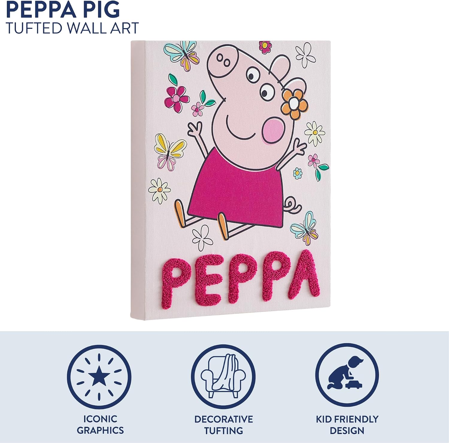 Peppa Pig 3D Tufted Wall Art, Adorable Kids Room Décor, Soft Textured Cartoon Character Artwork, Nursery & Playroom Wall Hanging Decoration,15"x11”