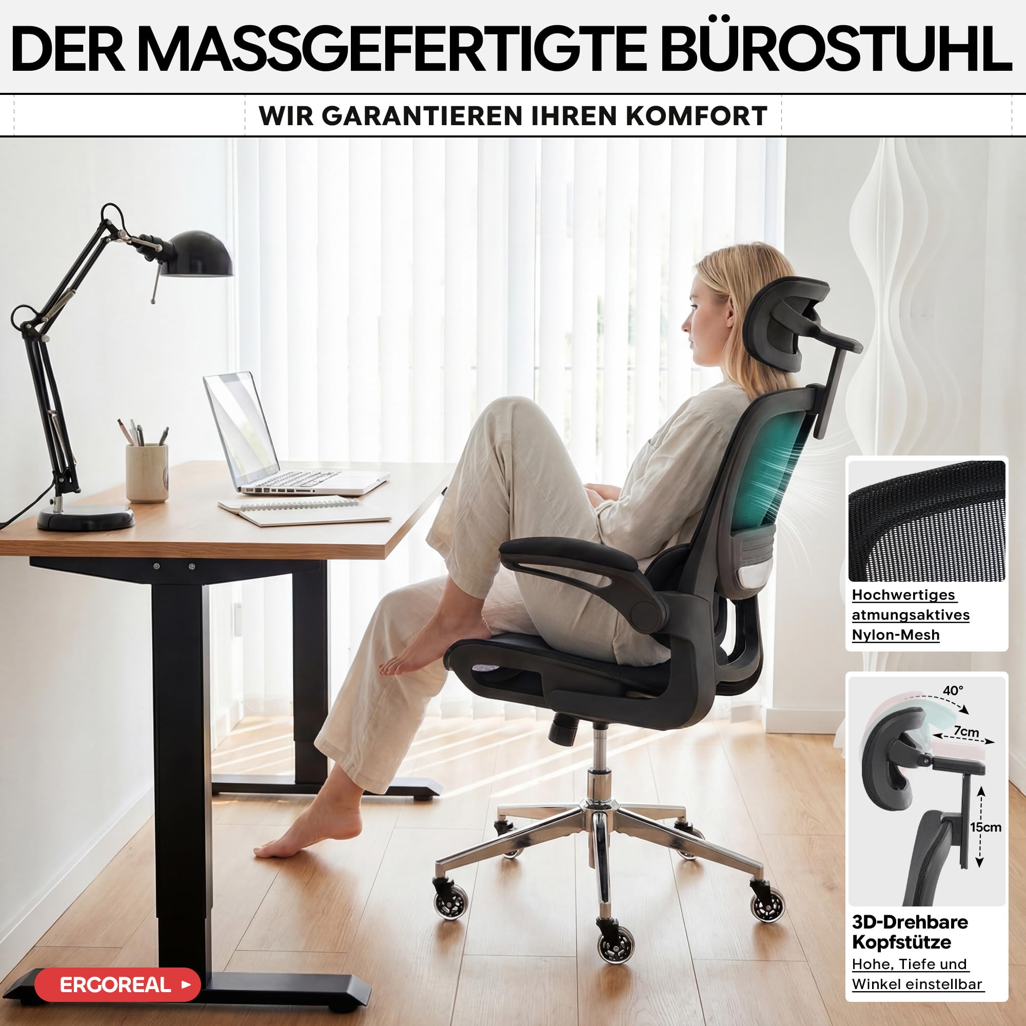 Schreibtischstuhl Ergonomischer Bürostuhl mit 150kg Tragkraft, verstellbaren Armlehnen, dynamischer Lendenstütze, Wippfunktion – Büro&Gaming Stuhl für Homeoffice, atmungsaktives Mesh,Schwarz