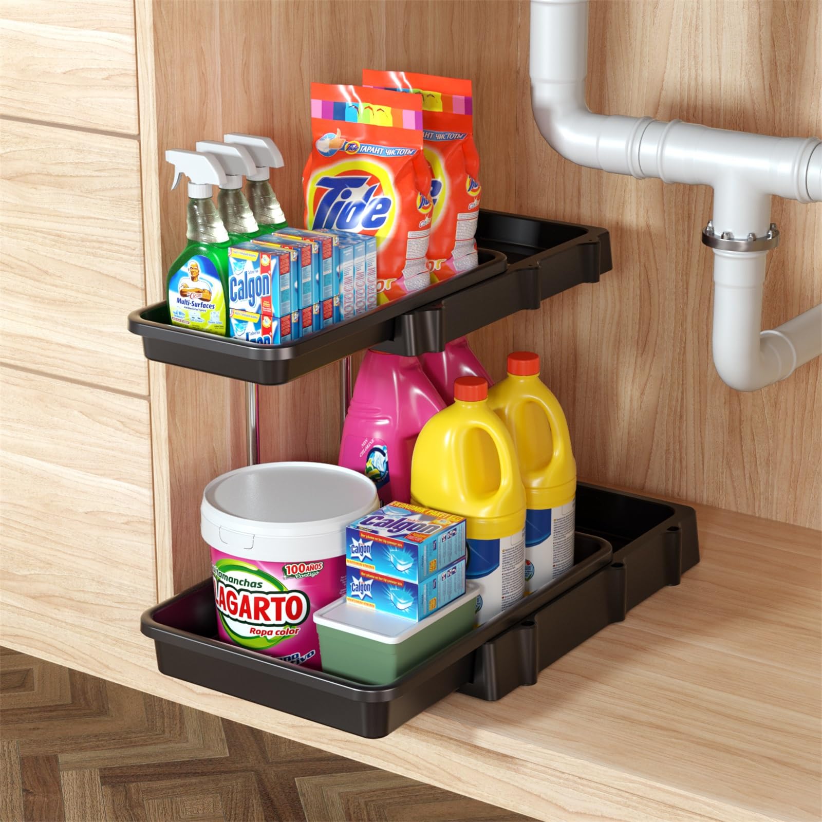Under Sink Organizer and Storage, 2-Tier Dual Pull Out Kitchen Cabinet Bathroom Counter Organizer Shelf L-Shape Storage Drawer Shelves for Bathroom Kitchen