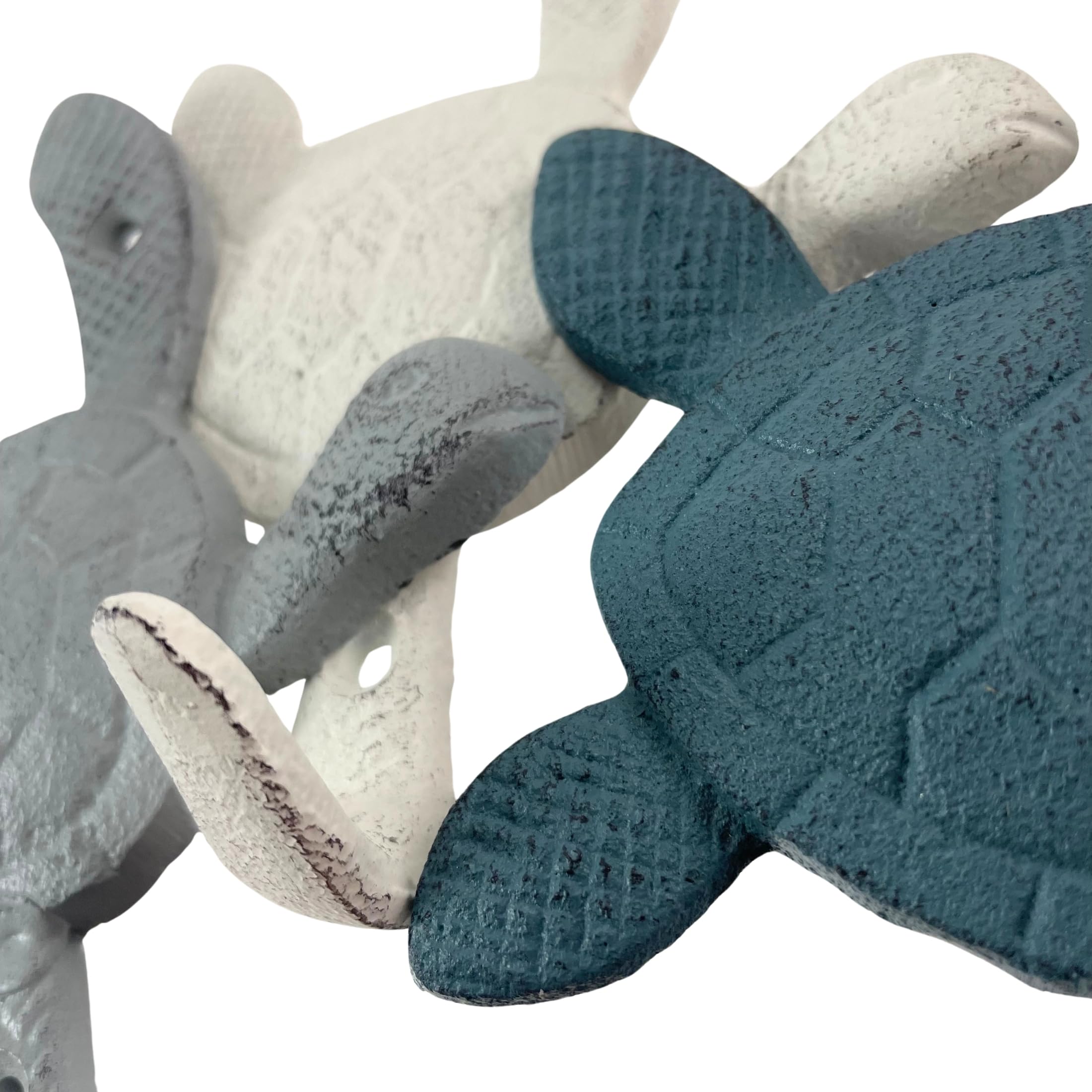 Zeckos Ensemble de crochets muraux décoratifs en fonte - Motif tortue de mer - Bleu côtier - Finition grise et blanche - Idéal pour clés, serviettes, manteaux légers, intérieur/extérieur