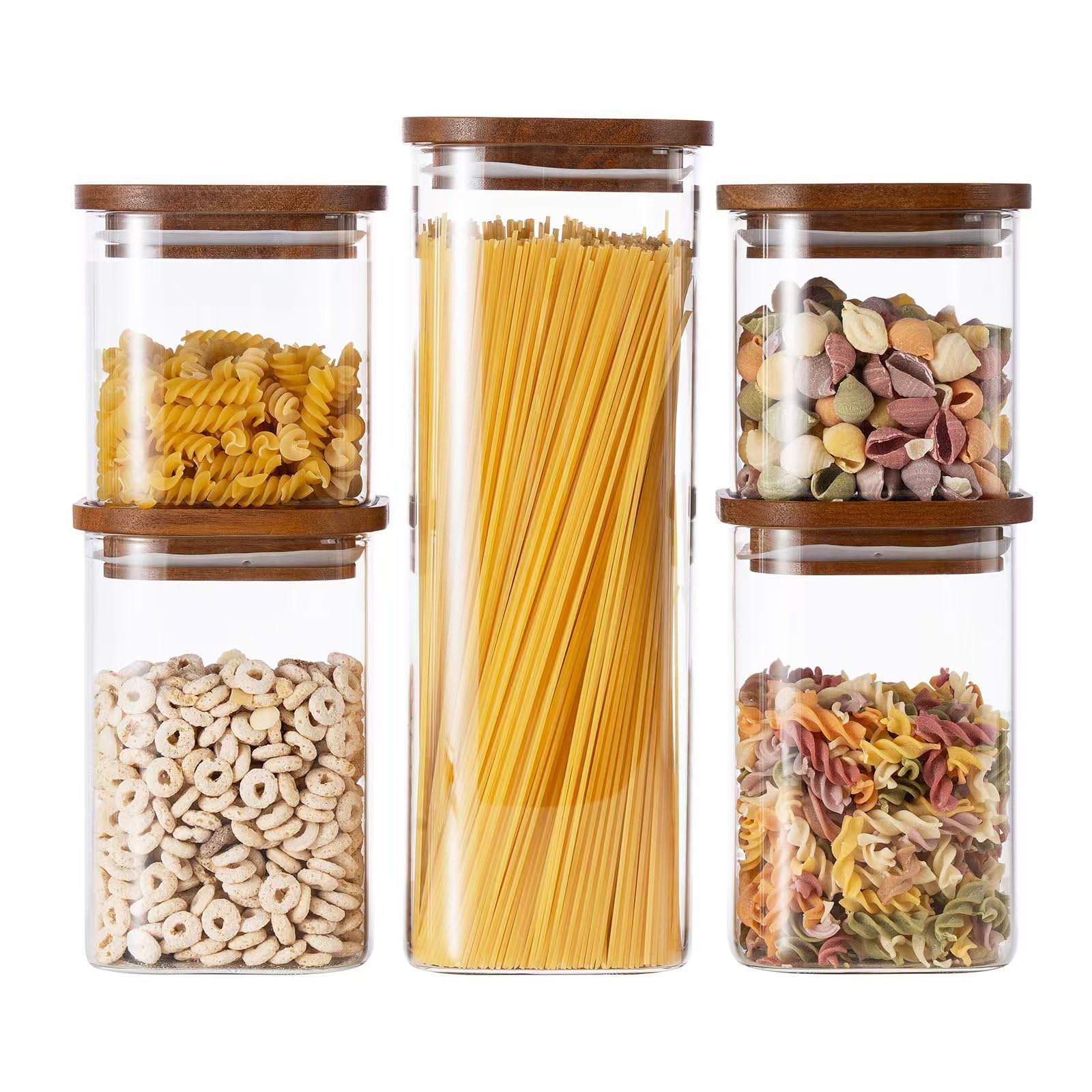 QuaLife Set di 5 barattoli di conservazione con coperchio in legno - Contenitori ermetici in vetro borosilicato - Barattoli impilabili in vetro - Contenitore quadrato per spaghetti e cereali