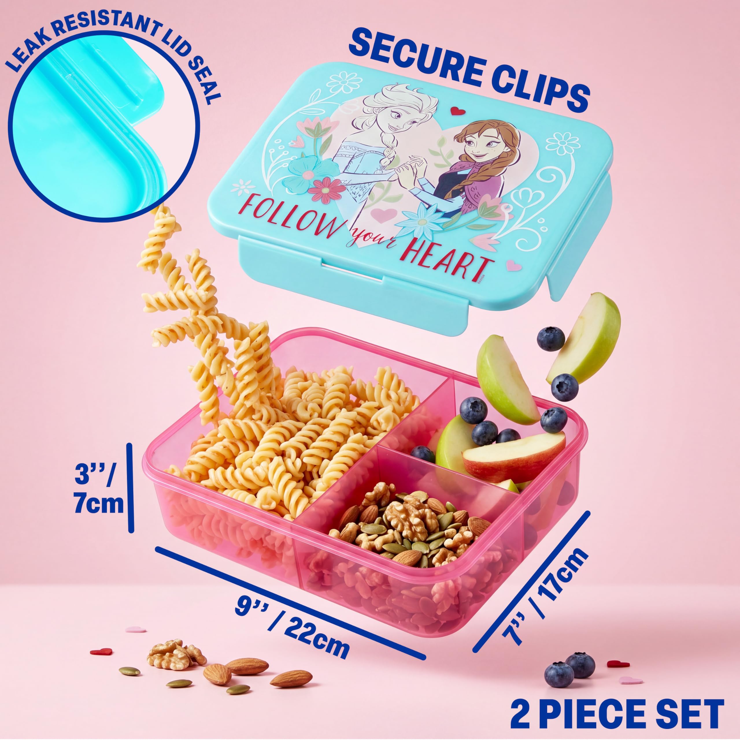 Get Trend Disney Frozen Fiambrera Niña y Botella 640 ml Set, Bento Box 1,75 L con Compartimentos, Apto Microondas y Lavavajillas, Sin BPA para Escuela y Ocio, Regalo Niña (Turquesa Frozen)