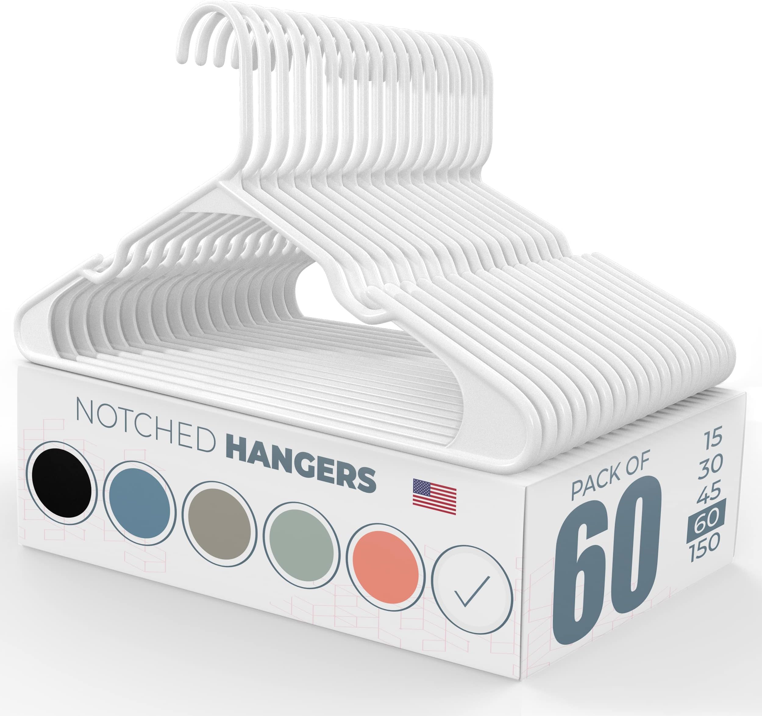 60pk Made in USA Plastic Clothes Hangers Bulk | 20 30 50 100 Pack Available | Laundry Clothes Hanger | Coat Hangers Plastic | Heavy Duty Plastic Hanger for Closet Hangars | Mainstays Hangers (White)