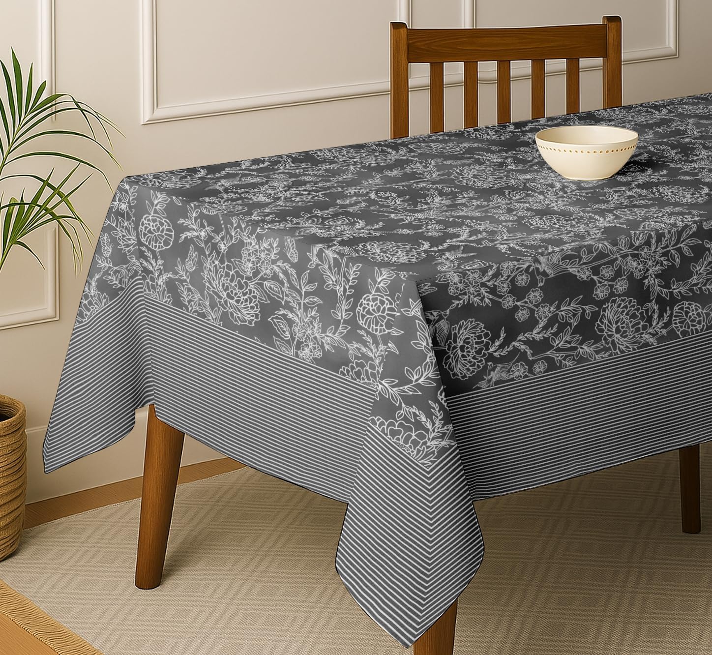 Floral Design Tablecloth - Black 120x60 Inch Cotton Dining Table Cover, Designed for 6 Seater Tables, Washable & Reusable, Perfect for Everyday Dining, Parties & Holiday Gatherings