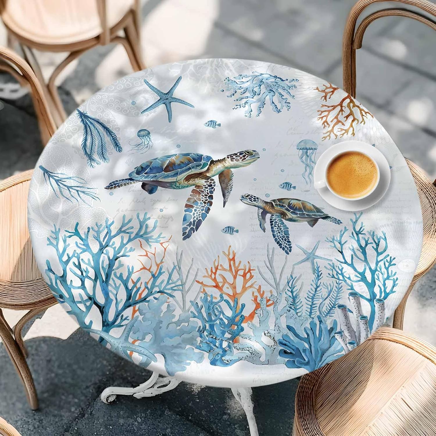 Summer Ocean Round Table Cover for 36"-44" Tables Waterproof Round Tablecloth 44 Inch Fitted Picnic Table Covers Retro Ocean Turtle Coral Blue Table Cloth Round Cover for Indoor Outdoor Picnic Party